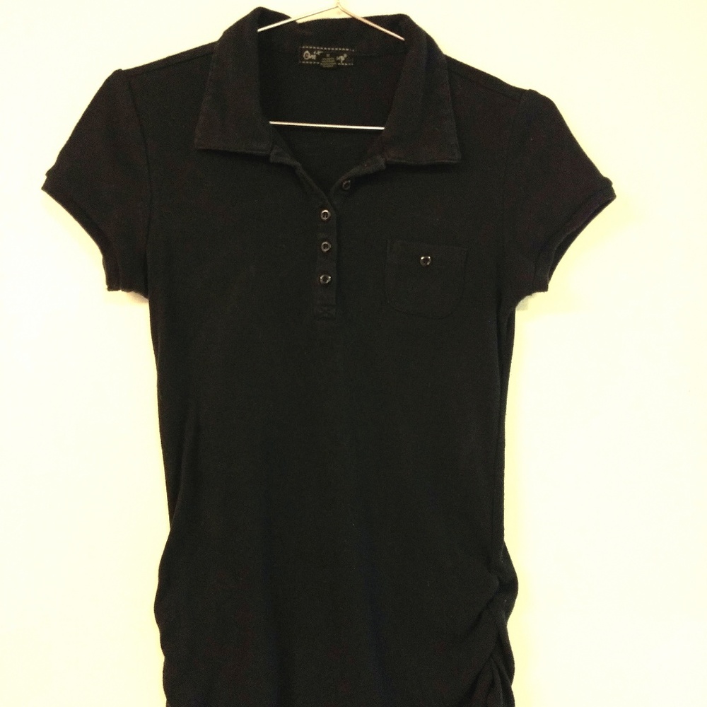 Ruched Side Black Button Neck Cap Sleeve Polo